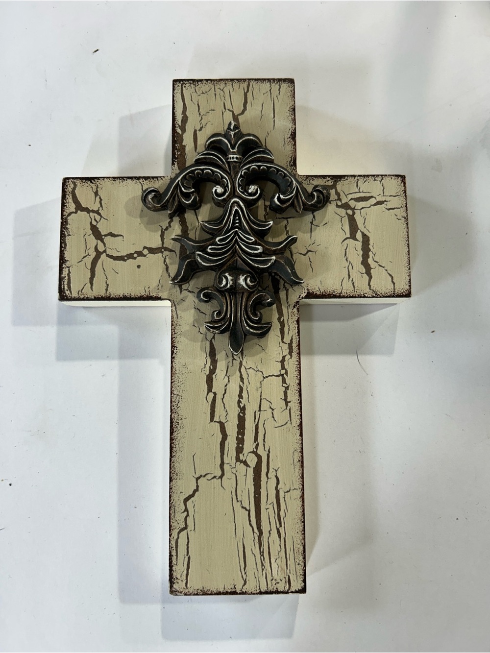 Decorative Cream Crackle Wood Cross with Antique Silver Accent